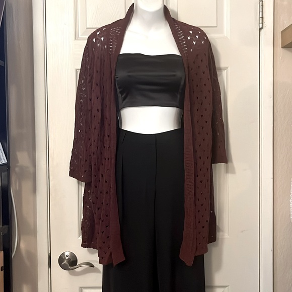 Coldwater Creek Linen Blend Open Burgundy Knit Crochet Cardigan Sweater Coverup - Picture 1 of 9